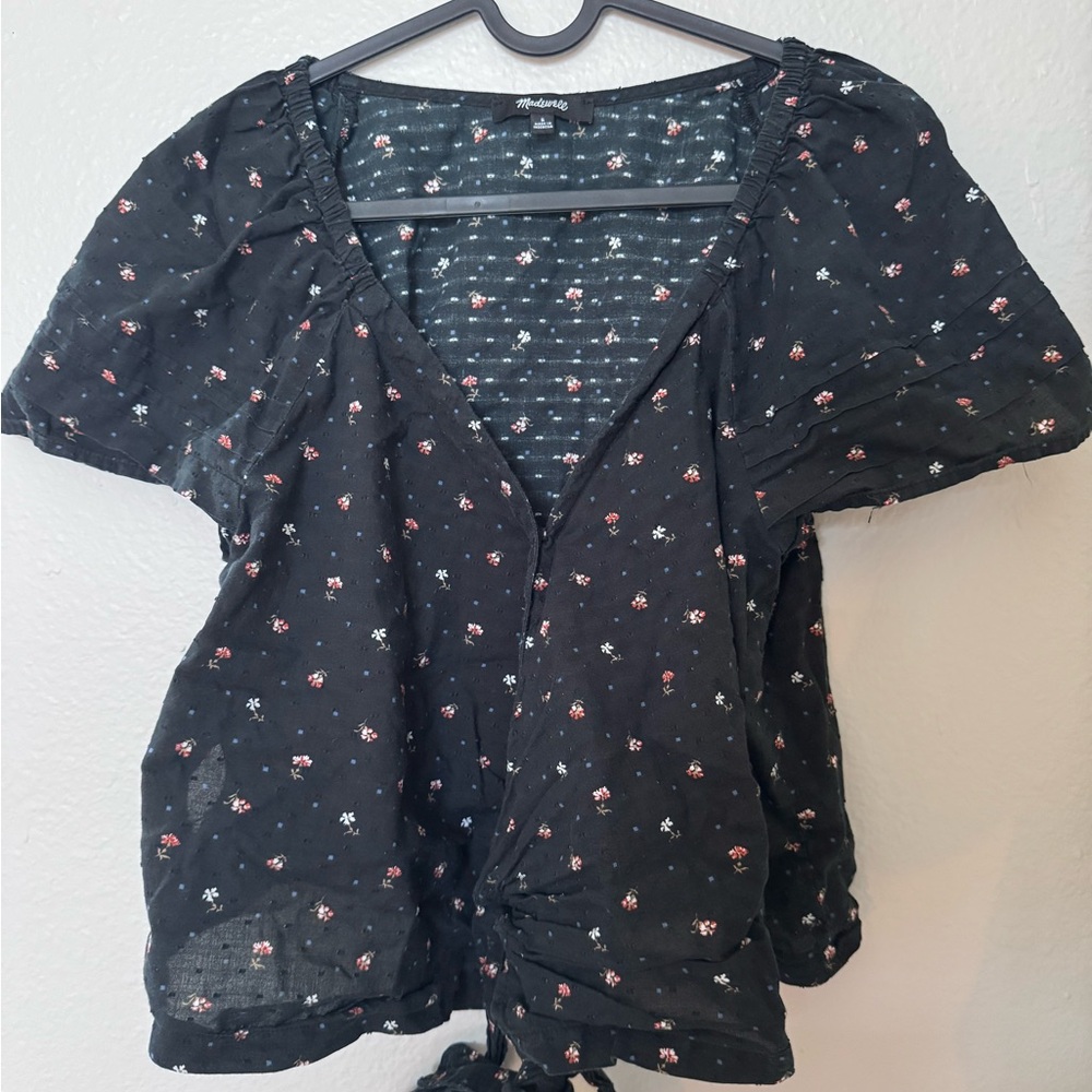 Madewell V-neck wrap-up Black Floral Button-Up Top